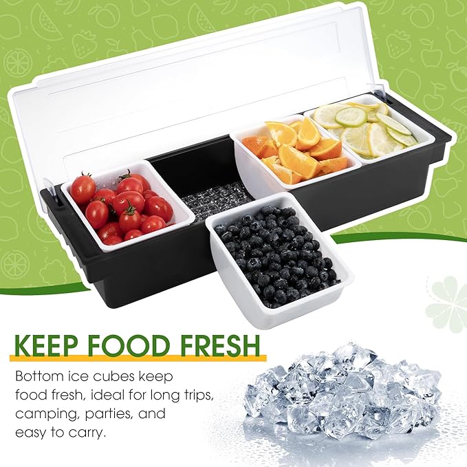 Fruit, Veggie & Condiment Caddy with Lid Dispenser Tray Garnish Station for Bartending & Serving Taco (1, 4 Compartment)