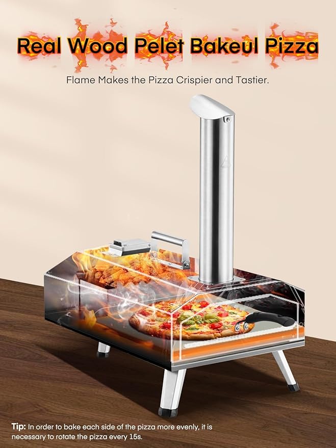 Outdoor Pizza Oven, 12inch Portable Wood Pellet and Gas Pizza Oven, Heats up to 1000°F, with Gas Hose & Pizza Stone, Tabletop Stainless Steel Pizza Oven for Backyard, Camping, Picnics, Black