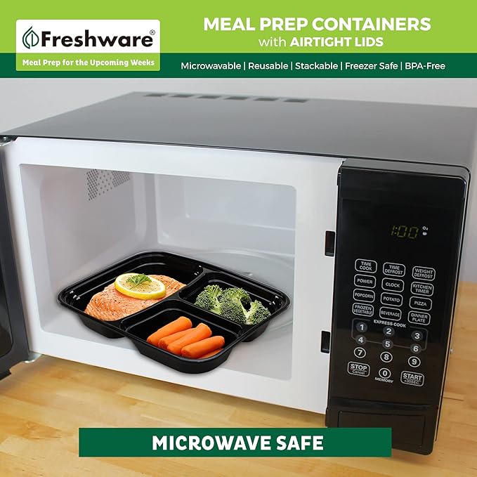 Freshware Bento Box Meal Prep Containers, 3-Compartment, 32 ounce, 15-Pack