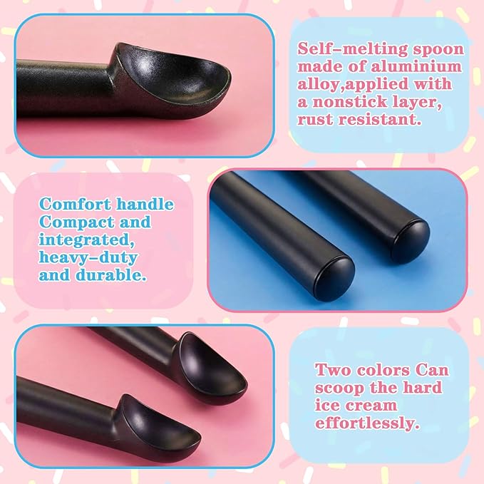 Gejoy 8 Pcs Ice Cream Scoop 7 Inch Nonstick Anti Freeze Ice Cream Scooper Aluminum Design Dessert Spoon for Gelatos Frozen Yogurt Fruit Sundaes Sorbet Almond Cookie Dough (Black)
