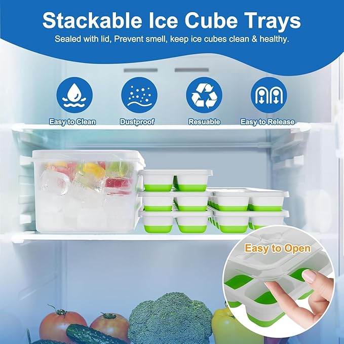 Ice Cube Trays with Lid and Bin, Silicone Plastic Ice Cubes Trays 11 Pack, Stackable Molds for Freezer, Storage Iced Bucket Kits BPA-Free and Odor-Free