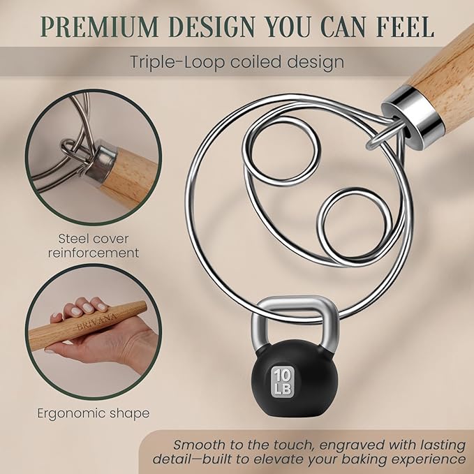 13-Inch Danish Dough Whisk, Wooden Handle with Stainless Steel Double Loop Dough Hook, Dough Whisk for Sourdough, Pizza, Cake Batter