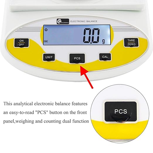 CGOLDENWALL Large Range Lab Digital Analytical Balance Lab Precision Scale Jewelry Kitchen Scales Electronic Balance Weighing and Counting Scale 0.1g Calibrated Pan Size 180140mm Yellow (5kg, 0.1g)