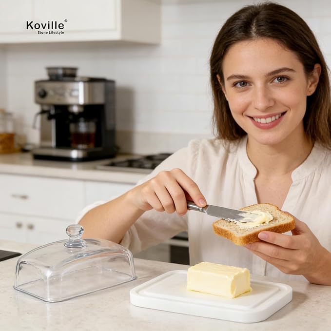 Koville White Marble Butter Dish with Lid for Countertop and Refrigerator Door Shelf, White Marble Butter Keeper, Stone Butter Dish with Lid, Airtight Butter Keeper Container, Dishwasher Safe
