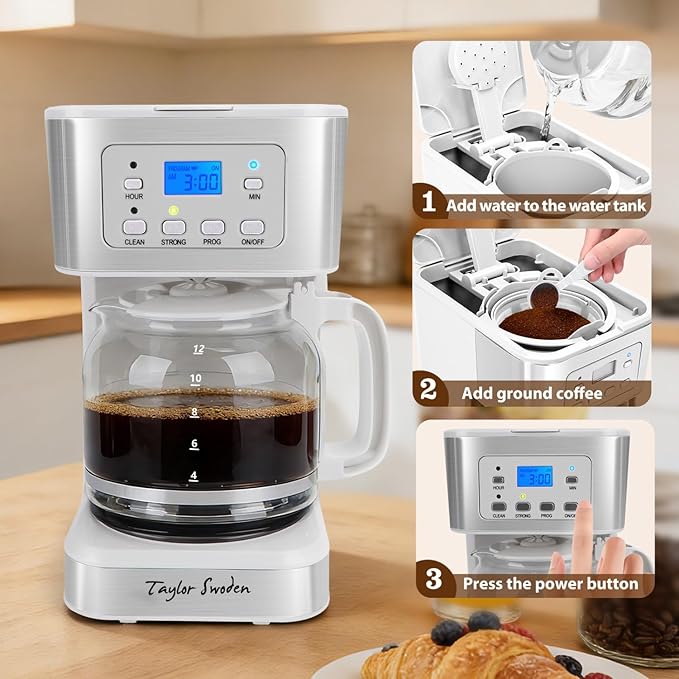 Taylor Swoden 12-Cup Programmable Coffee Maker, Regular & Strong Brew Drip Coffee Machine for Home and Office, Glass Carafe, Pause & Serve, Auto Shut Off, White & Stainless Steel