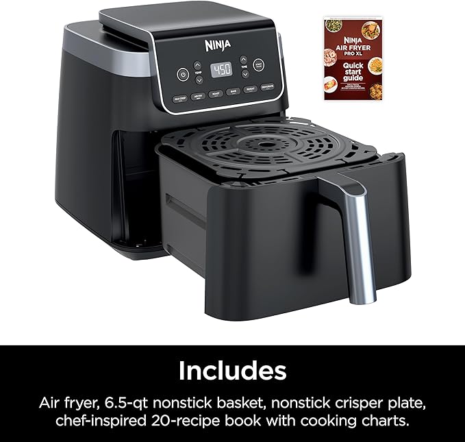 Ninja | Air Fryer | 6.5 QT Pro XL Capacity fits 9lbs of Wings | 6-in-1 Max Crisp, Air Fry, Roast, Bake, Reheat & Dehydrate | Nonstick Basket, Crisper Plate & Recipe Guide | Grey | AF181
