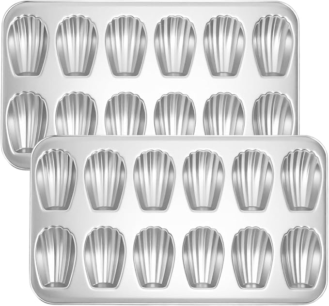 Madeleine Pans Set of 2, Nonstick 12-Cavity Madeleines Mold Cookie Tray for Baking, Heavy Duty Warp Resistant Cute Shell Shape Madeleine Mold Cake Pan - Silver