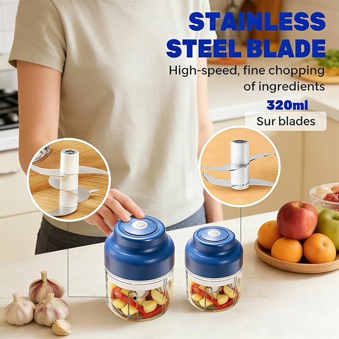 Electric Garlic Chopper Mini, Upgraded Rechargeable Veggie Chopper With Storage and Cover, One-Touch Food Processor with 4 Stainless Steel Blades for Onion Meat Chili Ginger (Green, 320ml)