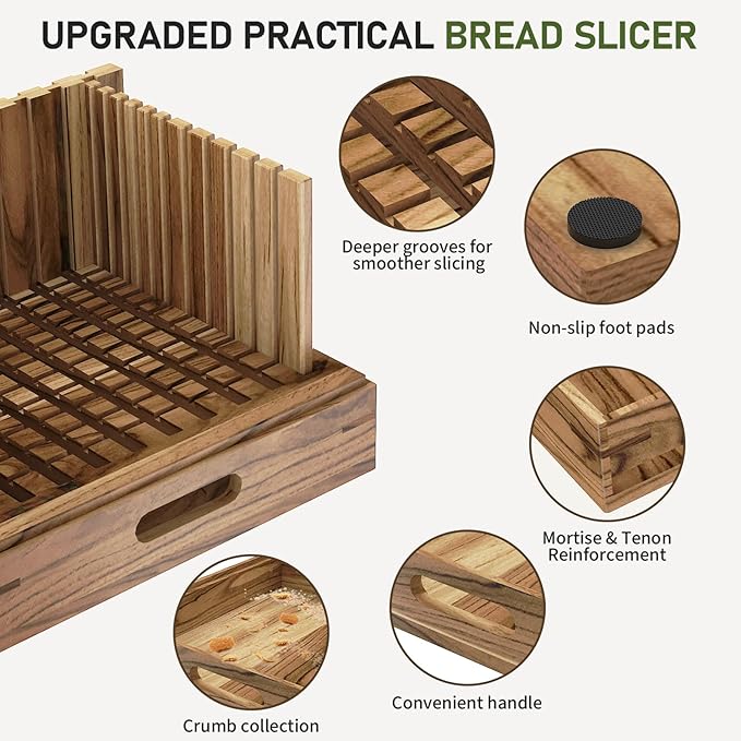 Acacia Wood Bread Slicer for Homemade Bread and Sourdough, Adjustable Width up to 10.4", 2-in-1 Bread Cutter with Pull-Out Serving Tray, Large Wide Capacity Bread Making Tool