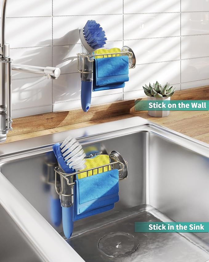HapiRm Sink Caddy Sponge Holder - No Drill Sponge Holder for Kitchen Sink, Rustproof and Waterproof Kitchen Organizer - Brushed Nickel（8.65 * 3.54 * 2.36 in）
