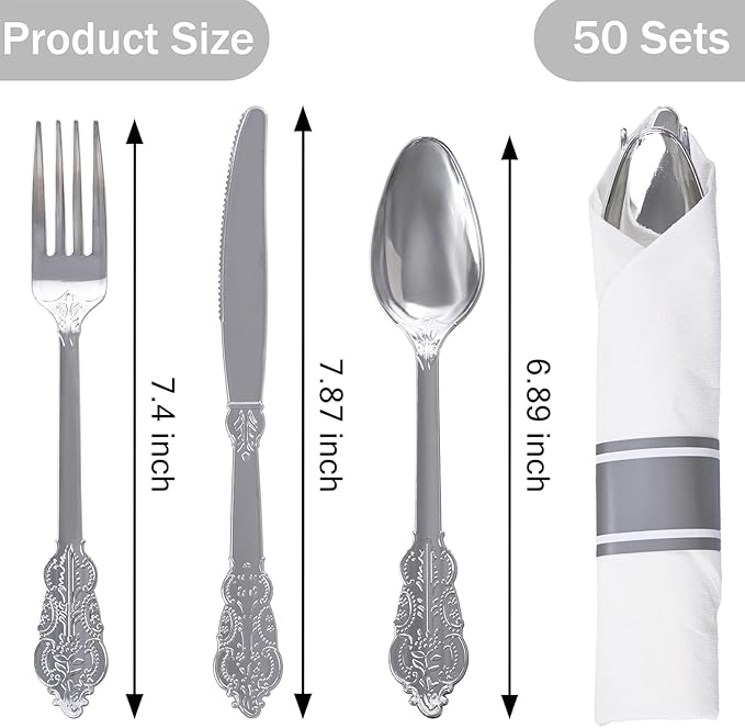 WELLIFE 50 Pack Silver Plastic Silverware, Wrapped Silverware Set Disposable,Plastic Utensils Set Include 50 Forks, 50 Knives, 50 Spoons and 50 Napkins, Disposable Cutlery for Party and Wedding