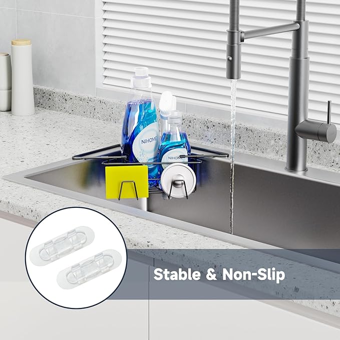 NiHome Extendable Arm Stainless Steel Kitchen Sink Corner Caddy, Easy Install Space-Saving Adjustable Sponge Holder, Non-Slip Rust-Resistant for Brushes, Soap, Sponges (Black)