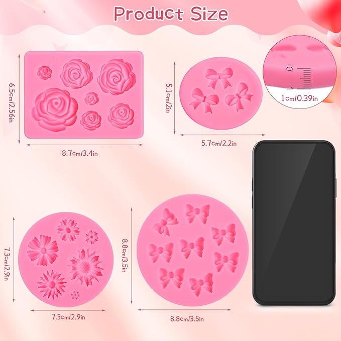 Pimoys 4 Pcs Flower&Bow Molds for Chocolate, Flower Chocolate Molds Silicone Cake Mold Bow Candy Mold Silicone for Wax Melts Birthday Cake Decoration Easter Gifts for Women