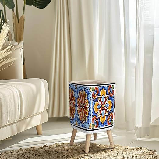 Small Trash Can with Lid Mexican talavera ceramic tile pattern Ethnic folk ornament Italian Wastebasket with Press Cover Dog Proof Garbage Can Waste Bin for Kitchen Bathroom Nursery 2.6 Gallon