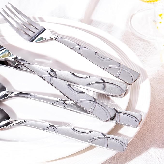 HIKAA 36PCS Stainless Steel Silverware Set with Steak Knives, Modern Flatware Set for Kitchen, Mirror Polished Cutlery Set with Forks, Spoons and Knives，Dishwasher Safe