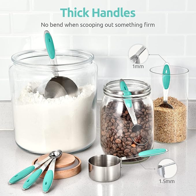 Measuring Cups and Spoons Set: U-Taste 18/8 Stainless Steel 12 Pieces Metal Stacking Kitchen Baking Cooking Food Measure Set 7 Cups 5 Spoons with Strengthened Weld Joints (Aqua Sky)
