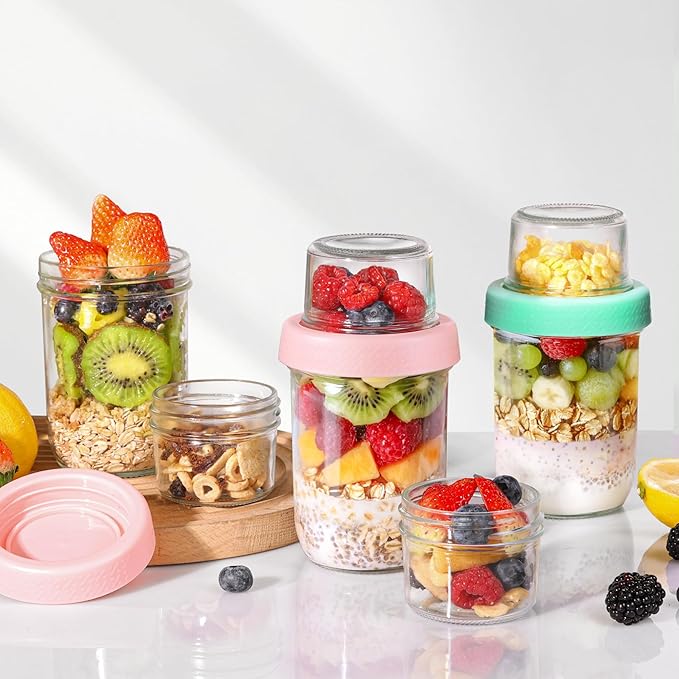 ComSaf Overnight Oats Containers with Lids (16oz+4oz, 6Pcs), Dual-Layer Chia Pudding Jars with Dry and Wet Separation, Yogurt Parfait Cups for Oatmeal Cereal Nut Fruit, Meal Prep Glass Jars for Salad