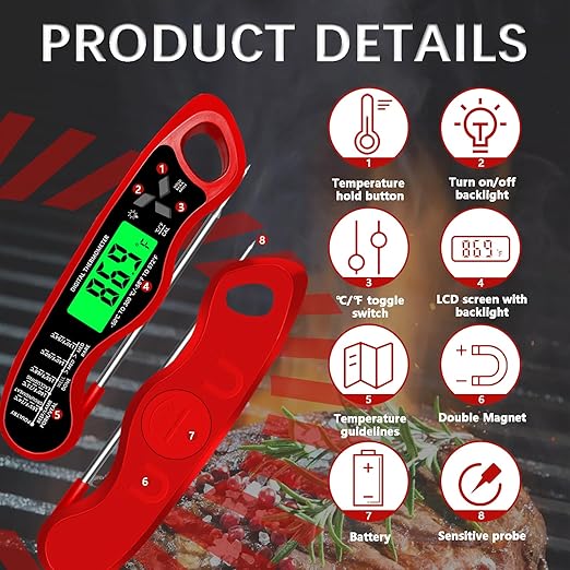 Meat Thermometer Digital，IP67 Waterproof Cooking Thermometer with Backlight, Calibration & Hold Function，Food Thermometer for Cooking,Outdoor Grilling，Suitable as Stocking Stuffers for Men