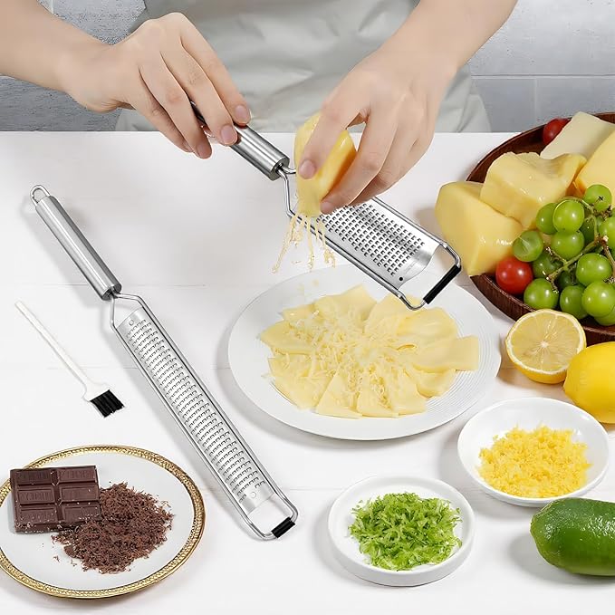 2 Packs Stainless Steel Lemon Zester, Cheese Grater with Handle,Protective Covers & Cleaning Brushes, Zester Tool for Cheese, Lemon, Garlic, Nutmeg, Chocolate, Fruits, Vegetables, Ginger Grater