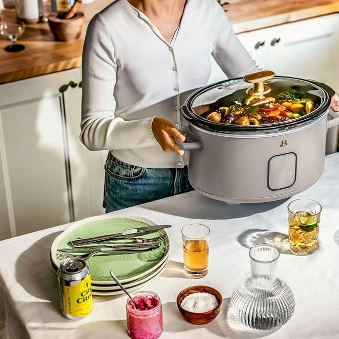 Beautiful 6 Qt Programmable Slow Cooker by Drew Barrymore -5 Preset Cooking Functions, Digital Countdown Timer, Dishwasher-Safe Parts and Cool-Touch Handles (Porcini)