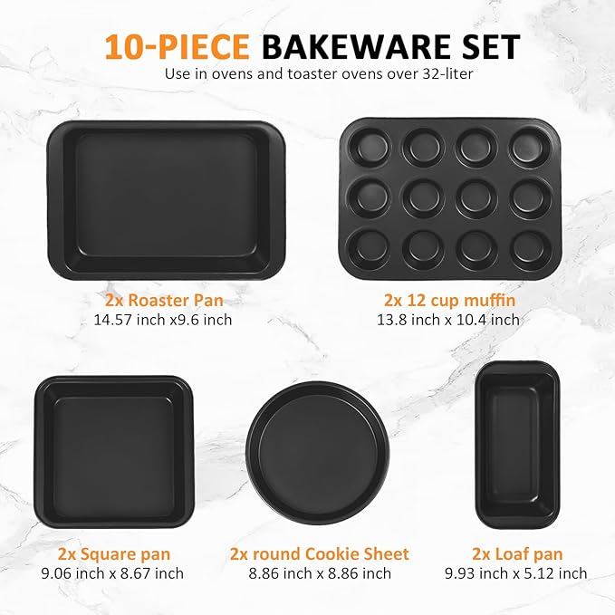 10PCS Nonstick Baking Pans Set - Bakeware Sets for Cooking, Oven and Dishwasher Safe, Non Toxic, Includes Cookie Sheets for Baking, Muffin Pan, Bread Pan, Cake pan, Loaf Pan Roasting Pan Black