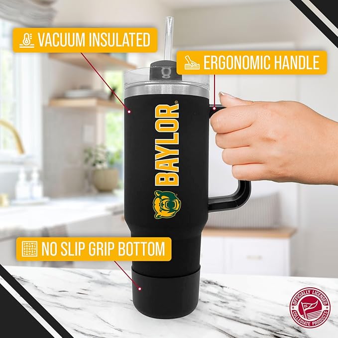 Campus Colors College & University 40 oz Travel Tumbler With Handle - Dual Option Lid With Straw - Vacuum Insulated Stainless Steel (Baylor Bears - Black)
