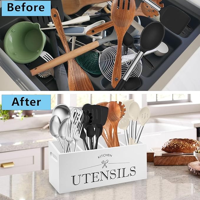 Kitchen Utensil Holder with 4 Compartments, Wooden Utensil Organizer for Countertop, Ideal for Storage and Organization, Rustic Cooking Utensil Kitchen Tool, White