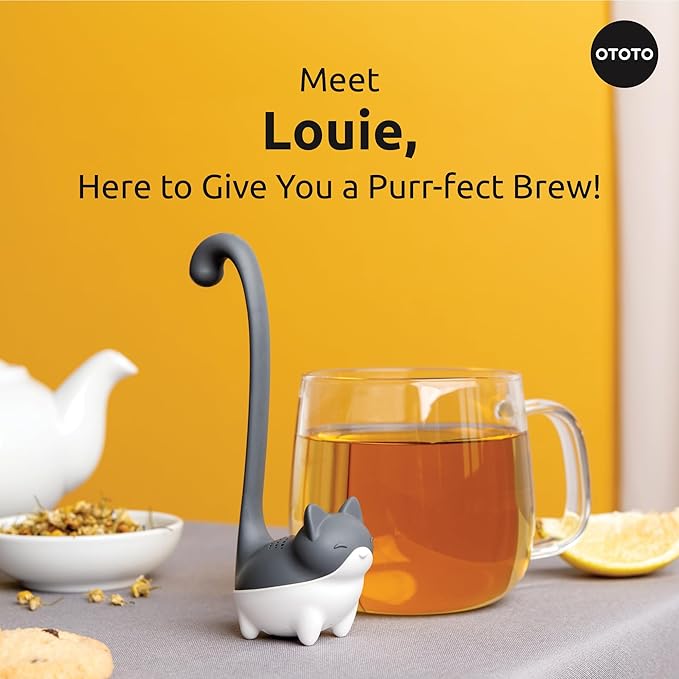 OTOTO Louie Cat Tea Infuser - Cats Loose Leaf Steeper & Diffuser, Tea Strainer Accessories, Cute Gifts for Cat Lovers, White Elephant Gifts, Cute Kitchen Accessories