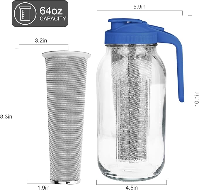 Cold Brew Coffee Maker,64 oz Mason Jar Pitcher with Stainless Steel Filter, Pour Spout Handle Lid, Heavy Duty Glass Airtight & Leak-Proof for Iced Coffee Tea & Lemonade -Blue