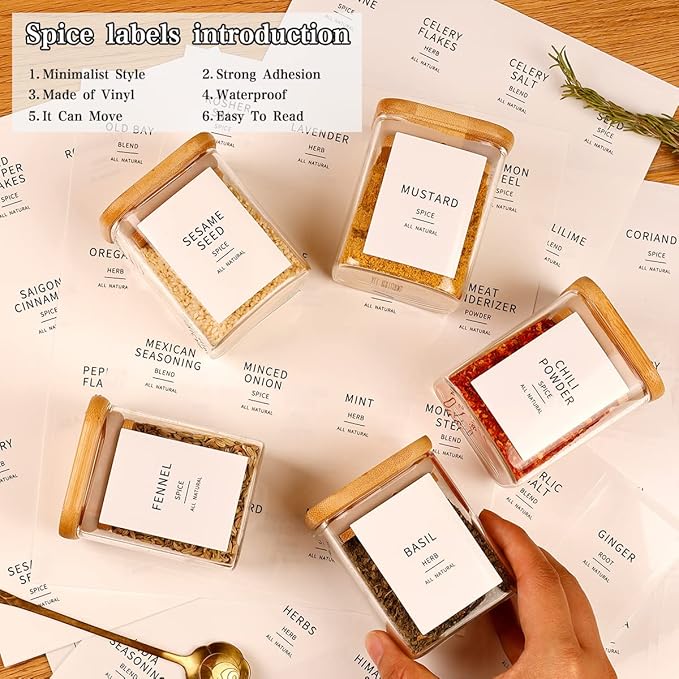 HHMJSM 12 Pcs Square Glass Spice Jars with Natural Bamboo Lids - 5oz Airtight Herb Containers with 148 Waterproof Minimalist Spice Labels Preprinted - Empty Small Seasoning Jars for Kitchen Pantry
