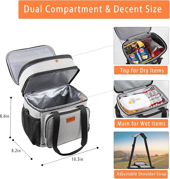 Double Deck Large Lunch Box, Insulated Heavy Duty Lunch Bag Waterproof Leakproof Durable Cooler Bag for Men Women Adults Work Picnic Camping Daytrip,16L,Grey, GLENKEY