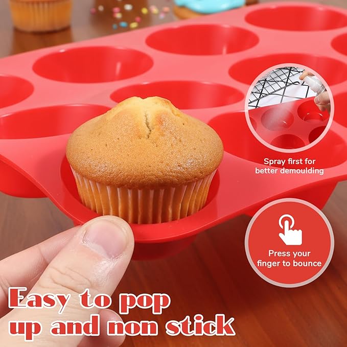 3 Pcs Silicone Muffin Pan Set, Silicone Muffin Pans for Baking Red 24/12/6 Cups Mini/Regular/Large Non-Stick Cupcake Pan for Kitchens, Restaurants, Bakeries