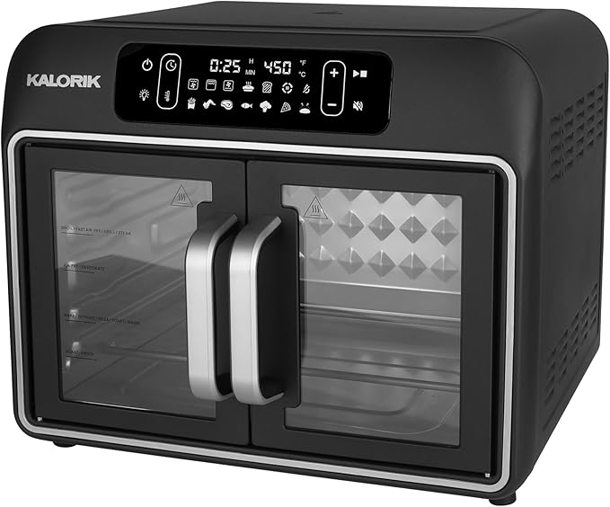 Kalorik Air Fryer Convection Oven Designer Series 26-Quart with Dual Speed Fan Easy Pull French Doors and 14 Smart Cooking Presets, Includes 5 Cooking Accessories, 1700-Watts, Black