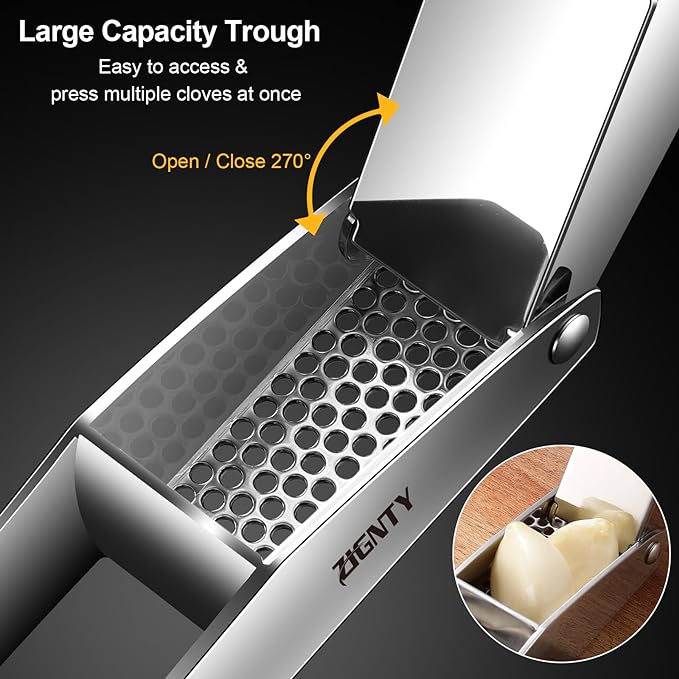 Professional Garlic Press Stainless Steel, Garlic Mincer No Need to Peel, Large Trough Garlic Crusher, Ergonomic Handle Garlic Ginger Presser Masher, Easy Squeeze Rust Proof Dishwasher Safe