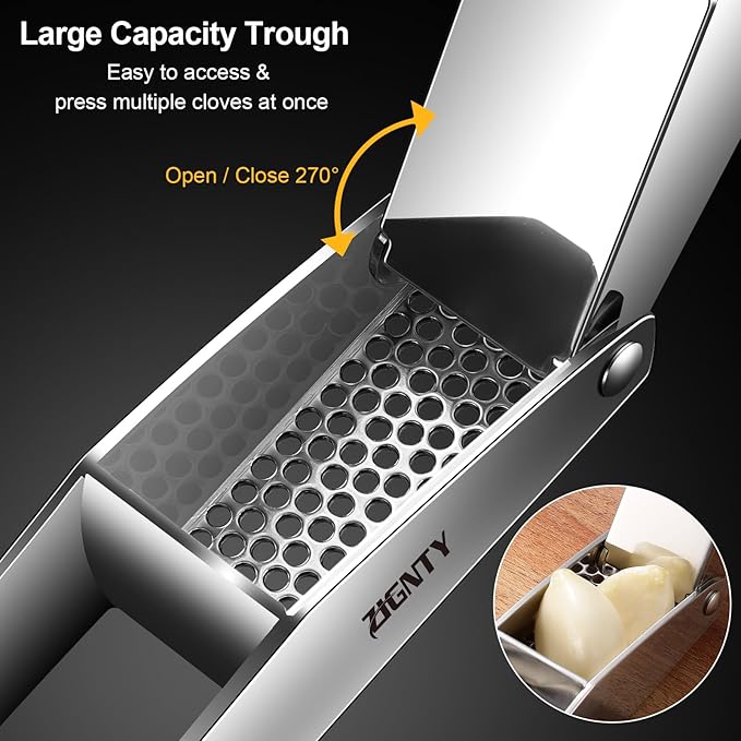 Garlic Press Stainless Steel，Professional Garlic Mincer Tool No Need to Peel，Dual Lever-Assisted Garlic Masher with Large Chamber，High Effective Garlic Crusher & Garlic Presser Dishwasher Safe
