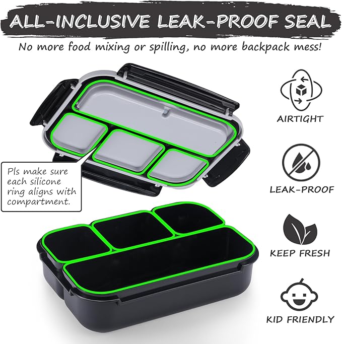 QQKO Bento Box for Kids Adults, School Toddler Lunch Box for Boys Girls, Lunch Box Containers with 4 Compartments, Sauce Container, Utensils, Food Picks and Muffin Cups for School, Black Gray