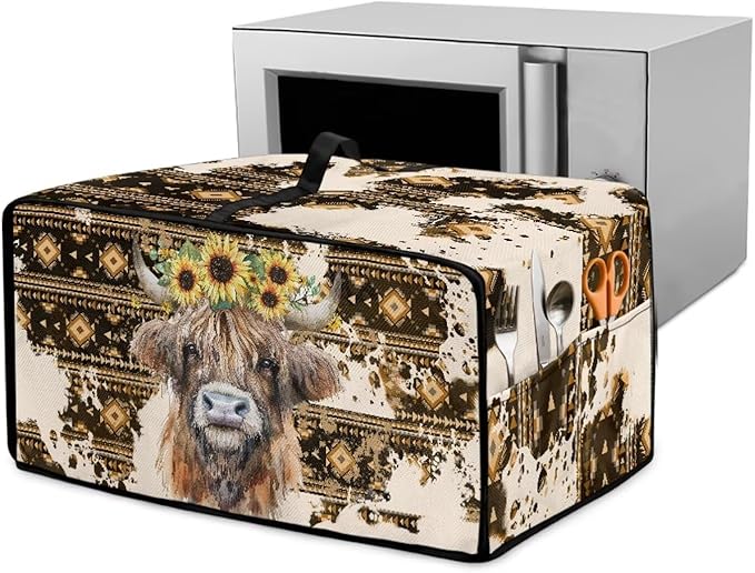 Convection Toaster Oven Cover with Pockets, Easy to Clean, Smart Microwave Baking Oven Dust Cover for Countertop, S, Aztec Highland Cow Sunflower Tribal Pattern
