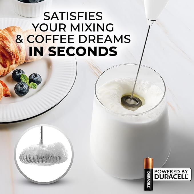 Zulay Milk Frother Wand – Handheld Electric Coffee Frother, Battery Operated Drink Mixer – 13,000 RPM Titanium Motor, Detachable Whisk, Easy Clean Foam Maker for Latte & Matcha – Executive White