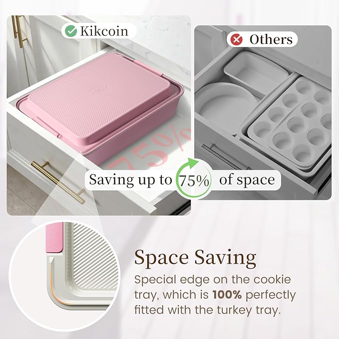 Kikcoin 25 PCS Stackable Baking Pans Set, Non-stick Bakeware Sets with Silicone Handles, 450°F Oven Safe Cookie Sheets for Baking, Easy Release Heavy-duty Baking Sheets Non Stick, Pink