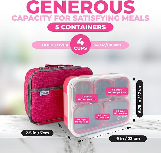 kinsho Stainless Steel Bento Lunch Box Set for Adults, Kids - Insulated Bag and Ice Pack - Leak-Proof Metal Compartment Meal Prep Food & Snack Containers for Work Travel School Daycare, 34 oz Pink