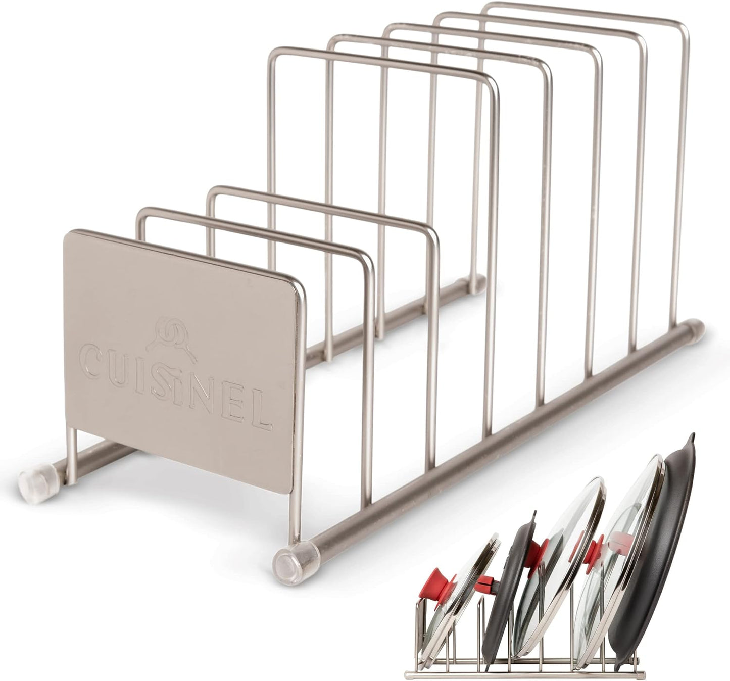Cuisinel Lid and Dish Organizer Rack - Satin Nickel Silver Kitchen Storage Organization Stand - Plate Holder, Pan/Pot Covers, Cutting Board and Cookie Sheet Divider - 7-Tier Cabinet/Counter Display