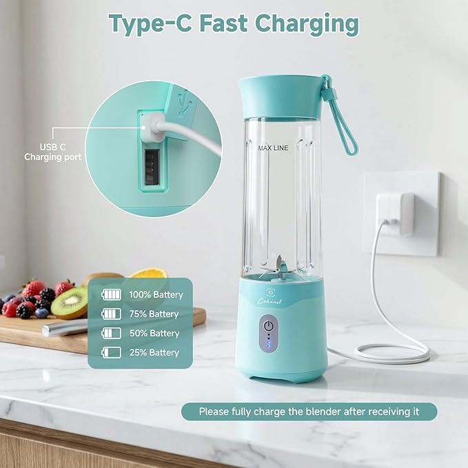COKUNST Portable Blender, USB C Rechargeable Personal Blender, Small Smoothie & Shake Maker with 6 Blades, Compact Travel Mini Juicer Cup with Extra Lid for Home, Gym, Office, 18oz, Green