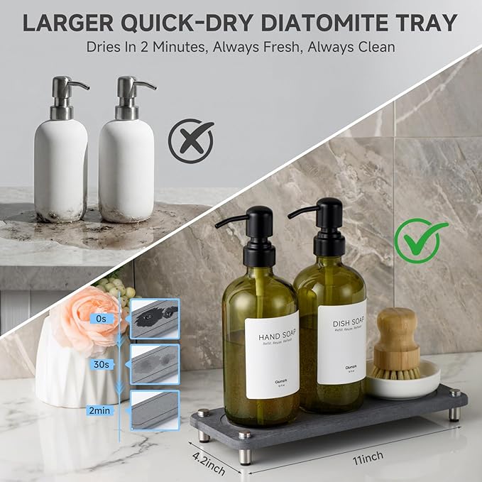 2 Pack Kitchen Soap Dispenser Set - 16oz Green Glass Dish and Hand Soap Dispenser with Stainless Steel Pump, Instant Dry Tray, Dish Brush & Holder, Refillable Countertop Sink Decor for Kitchen & Bath