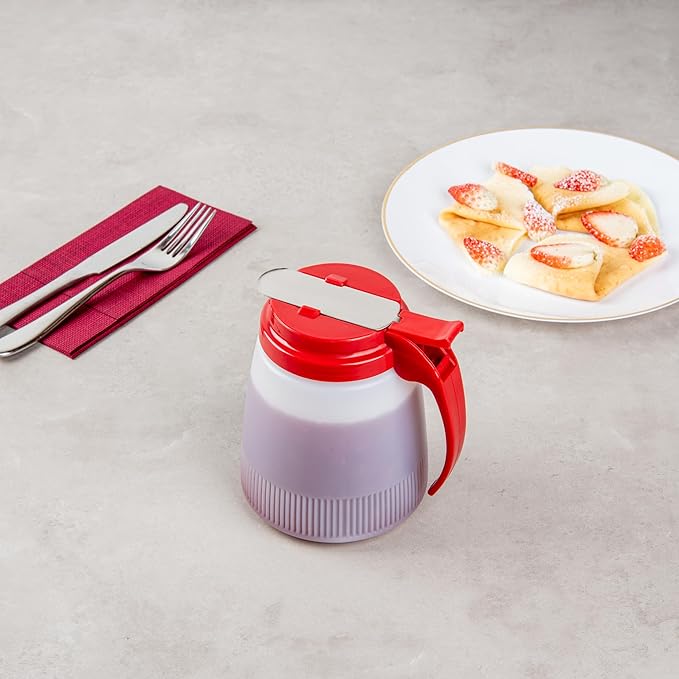 Restaurantware-Chef 101 32 Ounce All Purpose Syrup Dispenser, 1 Honey Dispenser - Red Top, Stainless Steel Slide Cover, Plastic Pancake Syrup Bottle, Perfect For Diners, Restaurants, Home