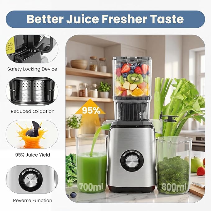 DUMOS Masticating Juicer Machines, Cold Press Juicer with 4.25" Wide Feed Chute, High Juice Yield for Whole Vegetables & Fruits, Easy to Clean, Silver