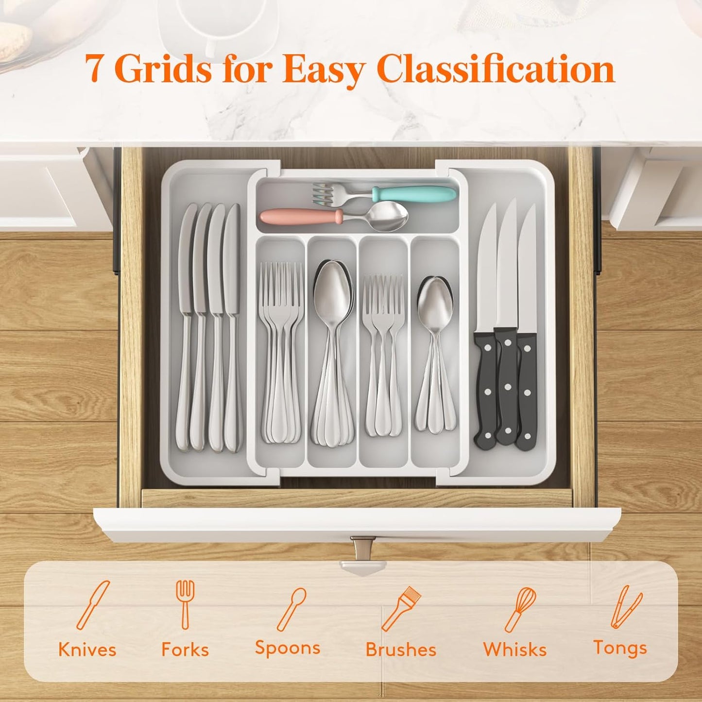Lifewit Silverware Drawer Organizer, Expandable BPA Free Utensil Tray for Kitchen, Adjustable Flatware and Cutlery Holder for Spoons Forks Knives, Plastic Kitchen Organizers and Storage, White