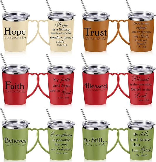 6 Pcs Christian Coffee Mugs Bulk Large 16 oz Religious Tumblers Stainless Steel Insulated Cups with Handle Lid Straw Brushes Bible Verses Scripture Quotes for Women Men Church Gifts