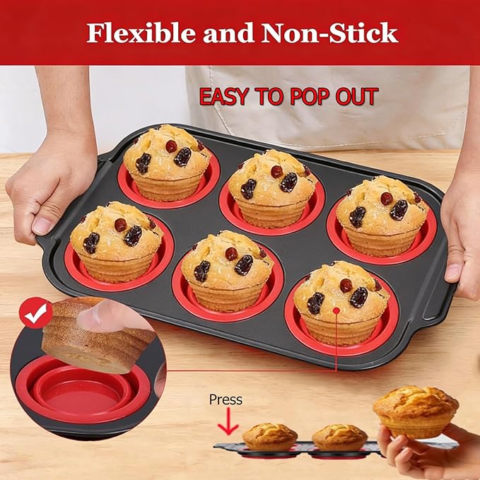 Silicone Muffin Pan, 6 Cups Muffin Pans for Baking with Metal Frame, Cupcake Pan, Egg Bite Molds, Muffin Tin Tray Easy to Pop Nonstick Non Toxic Bakeware for Oven