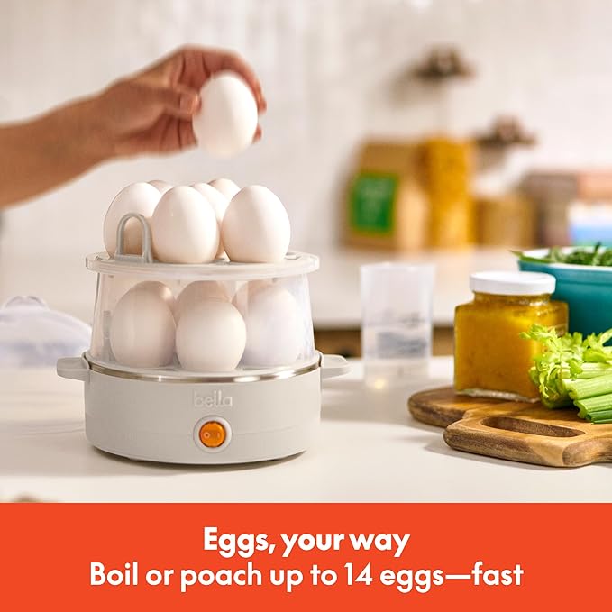 bella Electric Egg Cooker, 14 Eggs Capacity Tray, Double Stack, for Poached, Scrambled, Hard, Medium & Soft Boiled Eggs, Omelets and Steamed Dumplings, Auto Shutoff, 360 Watt, Oatmilk