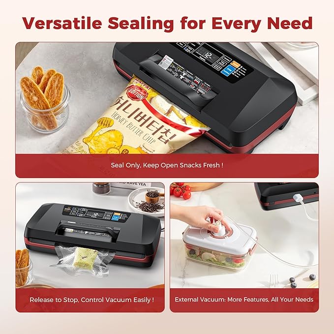 95kPa Vacuum Sealer Machine,Commercial Fully Automatic Food Sealer,10-in-1 Functions & Powerful Sealing System with Double Heat Seal,Easy-Lock Handle,Built-in cutter,1 Bag Rolls,10 Pre-cut Bags